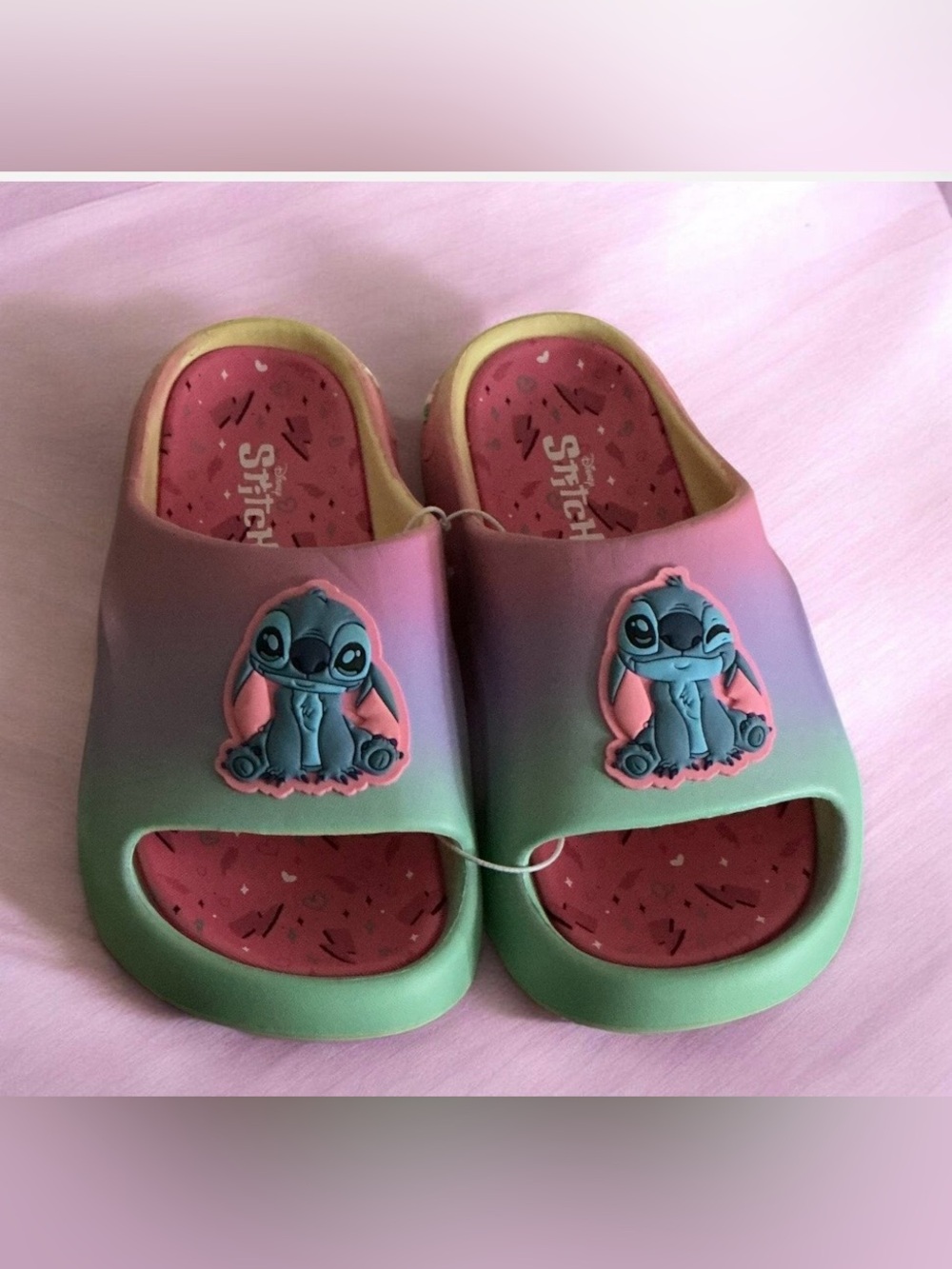 Disney Girls Gradient Pink to Green Stitch Slide Sandals